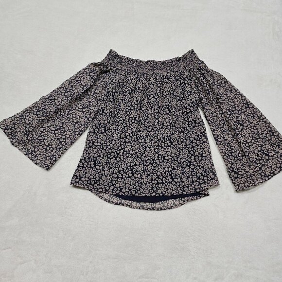 Rebecca Minkoff ✦ Smocked Off-Shoulder Top ✦ Sheer Overlay Floral Navy Tan Sz S - Picture 10 of 16